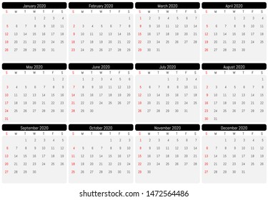 2020 wall calendar. Vector simple design