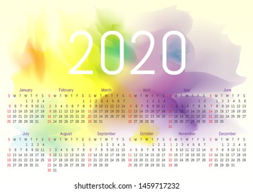 2020 wall calendar. Vector watercolor design