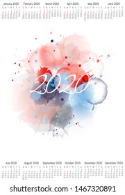 2020 wall calendar. Vector watercolor design
