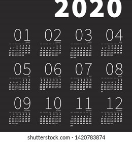 2020 Wall or Table Calendar European English Inverted Huge Numerals Style Grids Week Begins from Monday Template - White Elements on Black Stripes Background - Vector Contrast Graphic Design