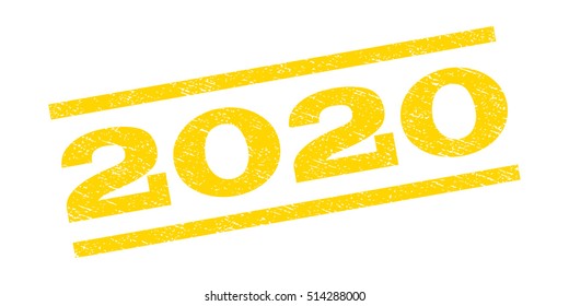 2020 watermark stamp. Text caption between parallel lines with grunge design style. Rubber seal stamp with dirty texture. Vector yellow color ink imprint on a white background.
