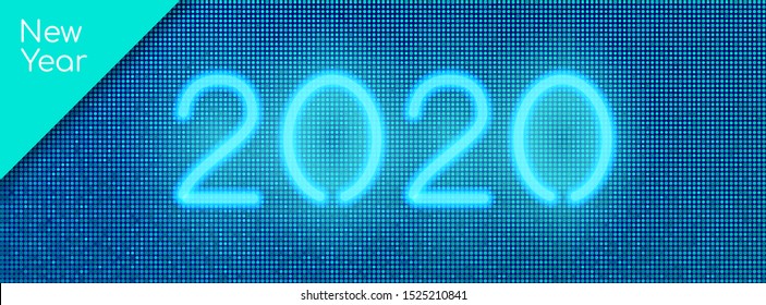 2020 web banner vector template. Blue neon numbers on a halftone dotted digital display background. Social media New Year greeting banner, layout