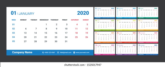 2020 Weekly Planning Calendar. Colorful set. 