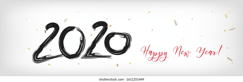 2020 White Black Red Horizontal Vector Banner. Textured Shape New Year, Christmas Music Party Decoration. Hand Painted Brush Stroke Winter Celebration Template. 2020 Trendy Funky New Year Ad Cover