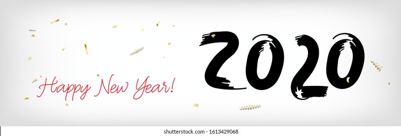 2020 White Black Red Horizontal Vector Banner. Stained Teal New Year, Christmas Music Party Decoration. Hand Painted Brush Stroke Winter Celebration Template. Modern 2020 New Year Ad Graphic Frame