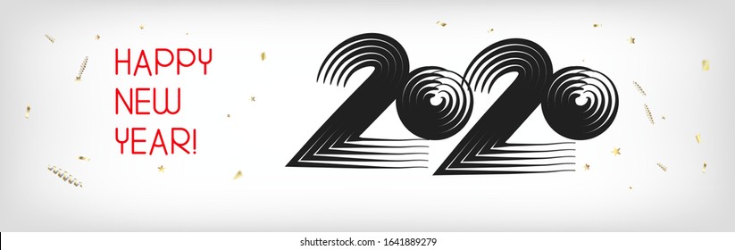 2020 White Black Red Horizontal Vector Banner. Grunge Card Hand Painted Brush Stroke Winter Celebration Design. New Year, Christmas Music Party Decoration. 2020 Trendy Funky New Year Ad Cover
