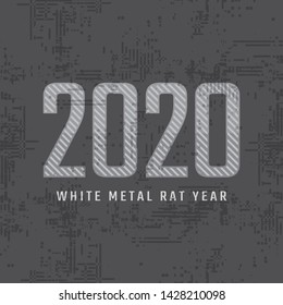 2020 white metal rat year. Vector New Year card with grunge texture.
