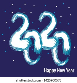 2020 white snow brush painted and confetti on bright blue background. Vector illustration for greeting card design for Christmas and New Year.