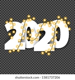 2020, white volumetric numbers wrapped with garland isolated on white background