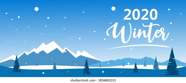 2020 Winter with typography style and winter scenery background with snowflakes, lights, stars. Merry Christmas. Vector Illustration