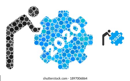 2020 worker rolling gear composition of filled circles in different sizes and color tints. Vector filled circles are combined into 2020 worker rolling gear illustration.