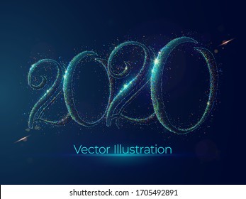 2020 year abstract dotwork vector illustration made of cloud of colored dots. Two and zero numbers digital art consists of neon particles. 