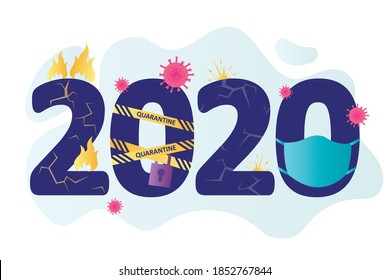 2020 year. Big numbers. Crazy, problem year. Global coronavirus pandemic, lockdown, fires, protests and others. Funny printable template. Banner for web. Flat vector illustration