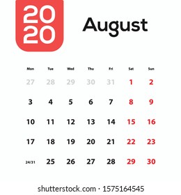 2020 Year. Calendar For August ; minimal design template. Desk Calendar modern design with red color.