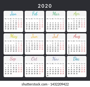 2020 year calendar cards isolated on dark background vector illustration with colored months and days. Vector design planner for 12 months. Print use