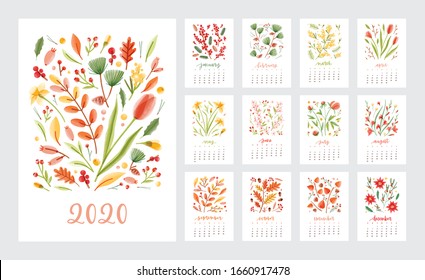 2020 year calendar design week start on sunday set of page templates. Collection of schedule page with months decorated flowers and plants isolated on white. Colored weekly timetable