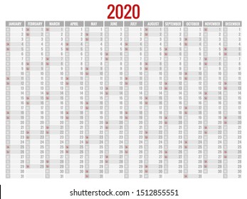 2020 year calendar. Holiday event planner. Week Starts Sunday. Corporate design planner template.