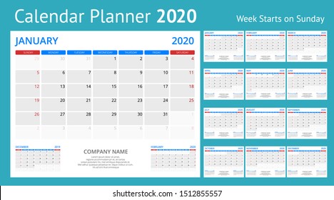 2020 year calendar. Holiday event planner. Week Starts Sunday. Corporate design planner template.