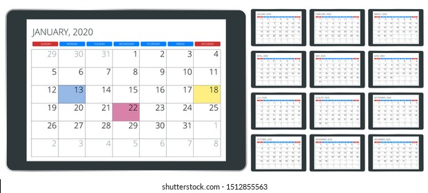 2020 year calendar. Holiday event planner. Week Starts Sunday. Corporate design planner template.