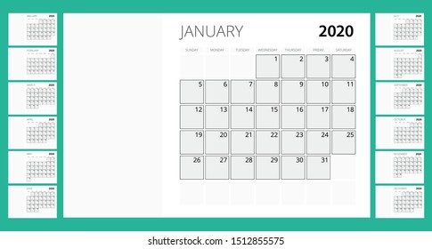 2020 year calendar. Holiday event planner. Week Starts Sunday. Corporate design planner template.