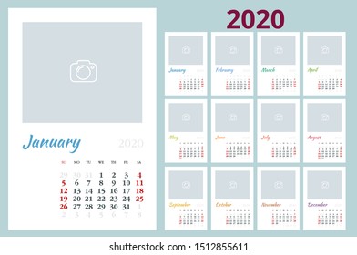 2020 year calendar. Holiday event planner. Week Starts Sunday. Corporate design planner template.