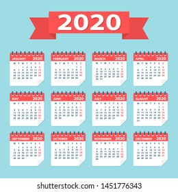 2020 year Calendar Leaves Flat Set - Illustration. All monthes