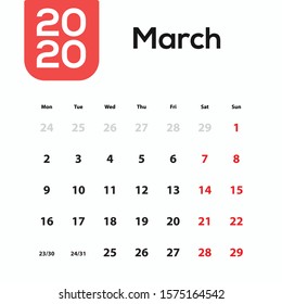 2020 Year. Calendar For March ; minimal design template. Desk Calendar modern design with red color.