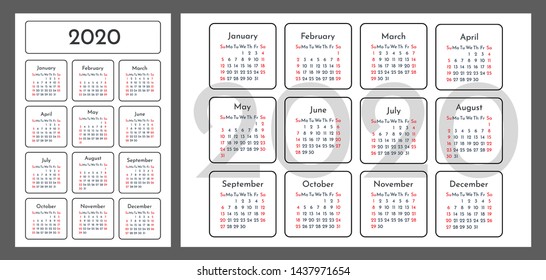 2020 year calendar in minimalist design. Flat concept.