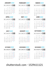 2020 year calendar monthly template. Week starts Monday. Clean minimal and sophisticated design for business, planning. Blue, grey coloured flat graphic vector on white background.