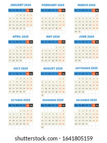 2020 year calendar monthly template. Week starts Monday. Clean, minimalistic and sophisticated design for business planning. Flat graphic vector in blue, red, beige colors on white background.