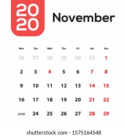 2020 Year. Calendar For November ; minimal design template. Desk Calendar modern design with red color.