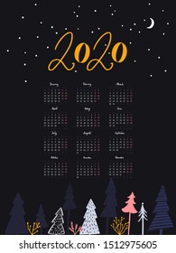 2020 Year Calendar. One Sheet Layout With Handwritten Calligraphy Months. Dark Blue Design, Night Winter Forest Scene. Hand Drawn Illustrations Of Christmas Tree. Week Starts Monday, European Calendar