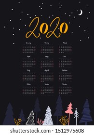 2020 Year Calendar. One Sheet Layout With Handwritten Calligraphy Months. Dark Blue Design, Night Winter Forest Scene. Hand Drawn Illustrations Of Christmas Trees. Week Starts Sunday, US Calendar