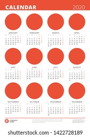 2020 year calendar poster. Vector design print template with Place for Photo. Week Starts on Monday.