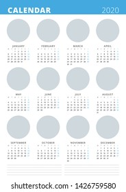 2020 year calendar poster. Vector design print template with Place for Photo. Week Starts on Monday.