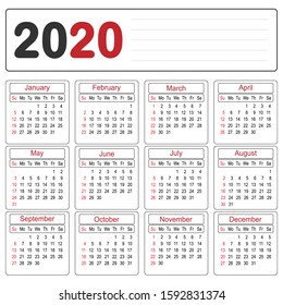 2020 year calendar simple and clean planner template, business design template vector illustration 