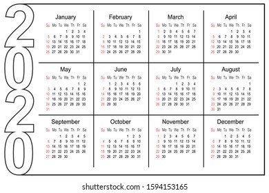 2020 year calendar simple and clean planner template, business design template vector illustration 