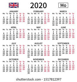 2020 year calendar. Simple, clear and big. English language. Week starts on Monday. Saturday and Sunday highlighted. No holidays. Vector illustration. EPS 8, no gradients, no transparency