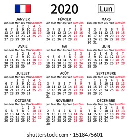 2020 year calendar. Simple, clear and big. French language. Week starts on Monday. Saturday and Sunday highlighted. No holidays. Vector illustration. EPS 8, no gradients, no transparency