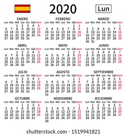 2020 year calendar. Simple, clear and big. Spanish language. Week starts on Monday. Sunday highlighted. No holidays. Vector illustration. EPS 8, no gradients, no transparency