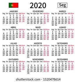 2020 year calendar. Simple, clear and big. Portuguese language. Week starts on Monday. Saturday and Sunday highlighted. No holidays. Vector illustration. EPS 8, no gradients, no transparency