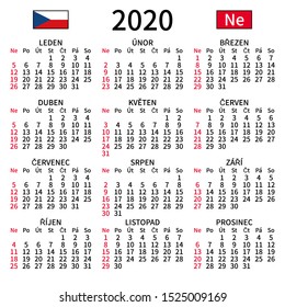 2020 year calendar. Simple, clear and big. Czech language. Week starts on Sunday. Sunday highlighted. No holidays. Vector illustration. EPS 8, no gradients, no transparency