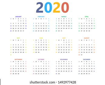 2020 year calendar simple style colorful planner layout. Colored weekends and month names.  Week starts from Sunday