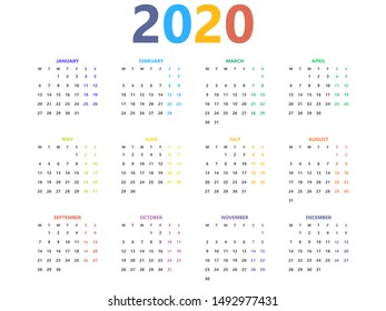 2020 year calendar simple style colorful planner layout. Colored weekends and month names.  Week starts from Monday