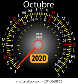 2020 year calendar speedometer car in Spanish October