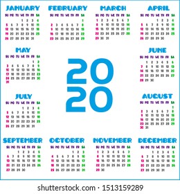 2020 year calendar. Vector calendar.