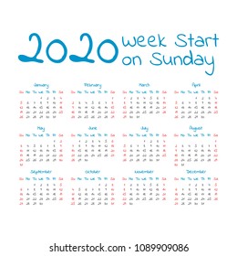 2020 year calendar. Week start on sunday
