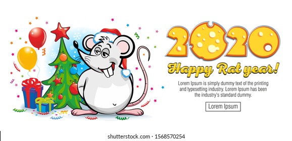 2020 year  - Chinese Zodiac Sign Year of Rat. Happy Chinese New Year of the rat - greeting card with rat in Santa Claus hat, gifts and Christmas tree. Illustration, vector