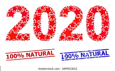 2020 year digits star pattern and grunge 100 Percents Natural seals. Red and blue seals with rubber style and 100 Percents Natural word.