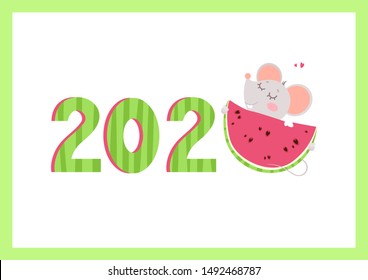 2020 year flat vector banner with mouse template. Little rat hugging watermelon numbers cartoon illustration. Summertime season poster. Rodent children greeting card, postcard design